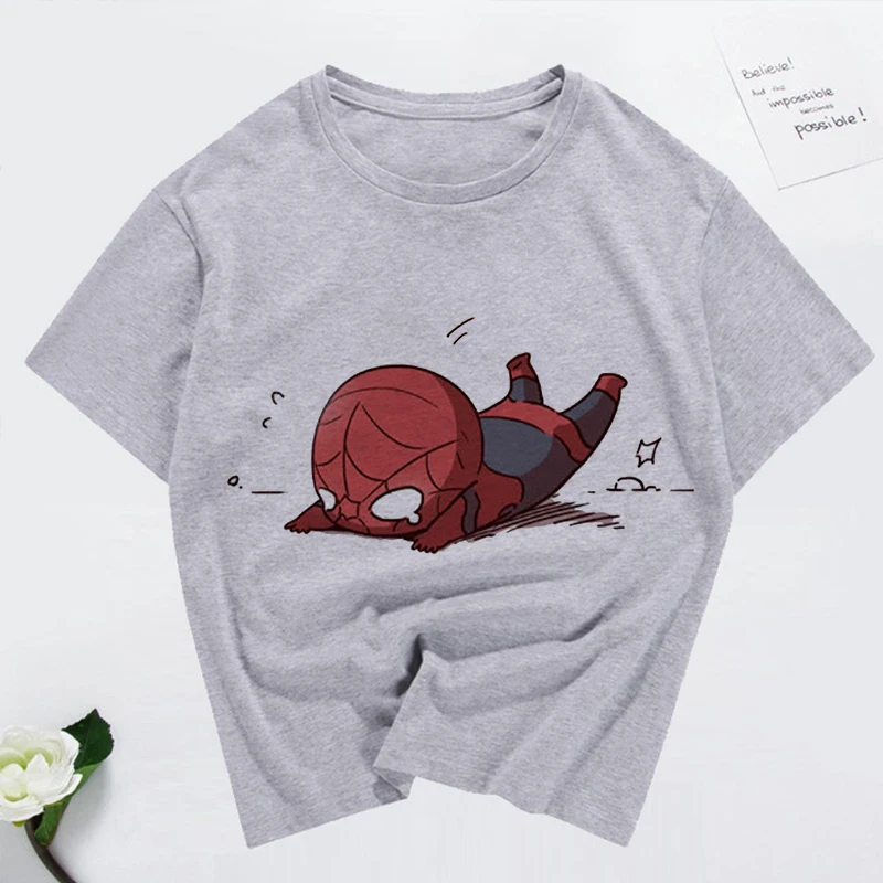 Spiderman Kawaii Graphic Print T-shirt Women Harajuku Aesthetics Gray Tops Tshirt Tee 2022 New Summer Fashion Y2k Female T Shirt