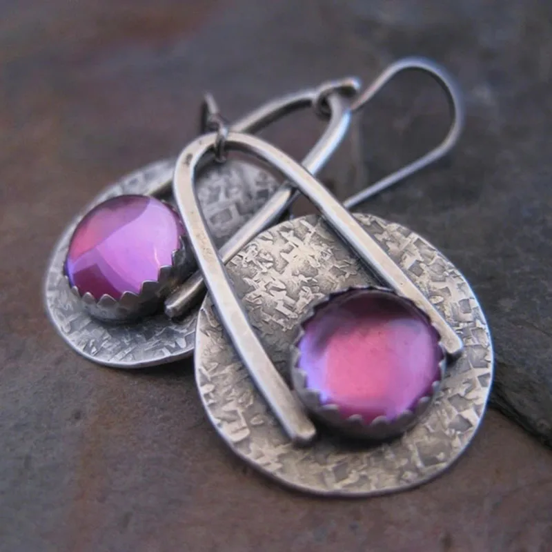

Vintage Round Purple Zircon Hook Earrings for Women Ethnic Jewelry Silver Color Hand Carved Dangle Earrings Pendientes Mujer
