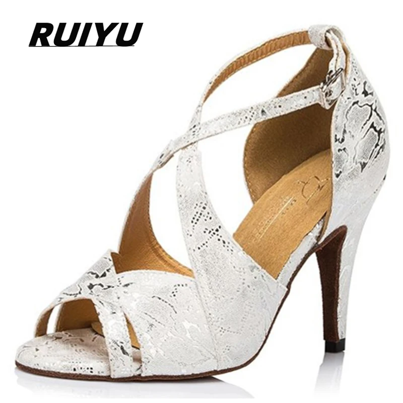 Summer Latin Dance Shoes Ladies Salsa Tango Ballroom Party Dancing High Heels White Print Girls Sandals Wedding Shoes