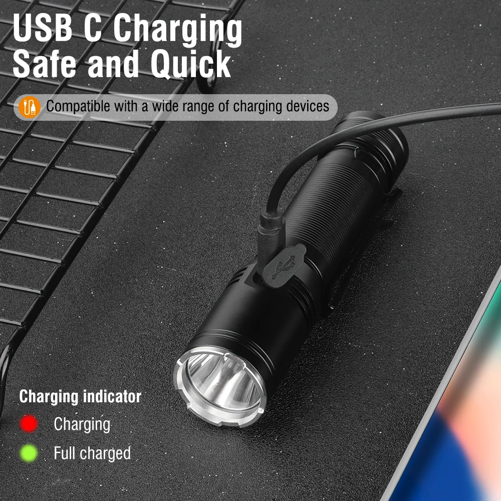 Фонарик BORUiT с высокой мощностью фонарик дальним радиусом действия 18650 Type -C