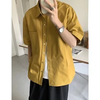 summer cotton short sleeve shirt mens fashion yellowblack casual shirt men korean style pocket loose dress shirt men m 2xl