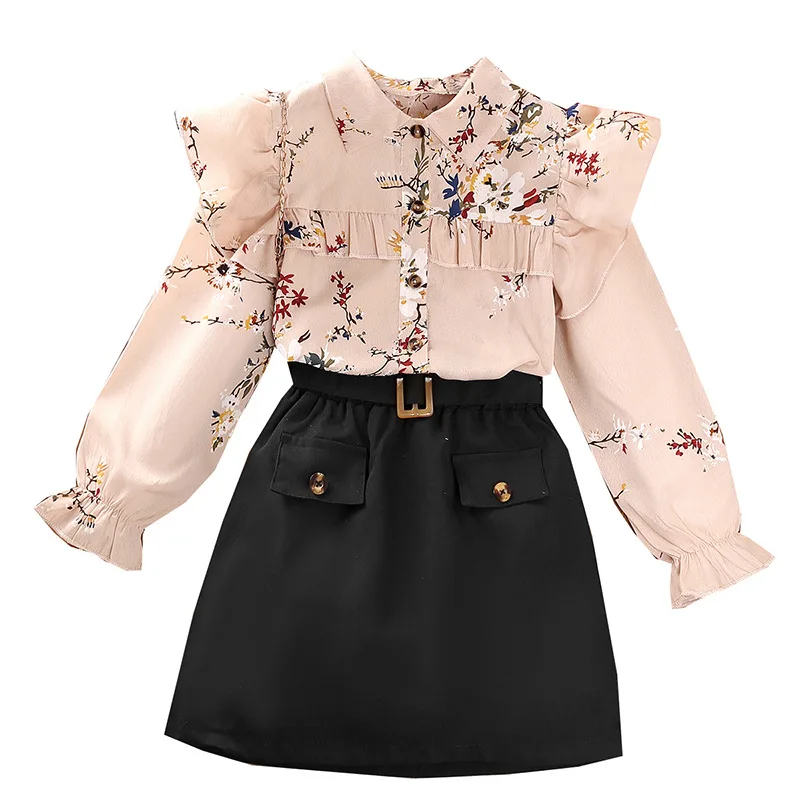 

Рубашка с отложным воротником и цветочным принтом для девочек + черная юбка комплекты одежды из 2 предметов Модный комплект одежды
