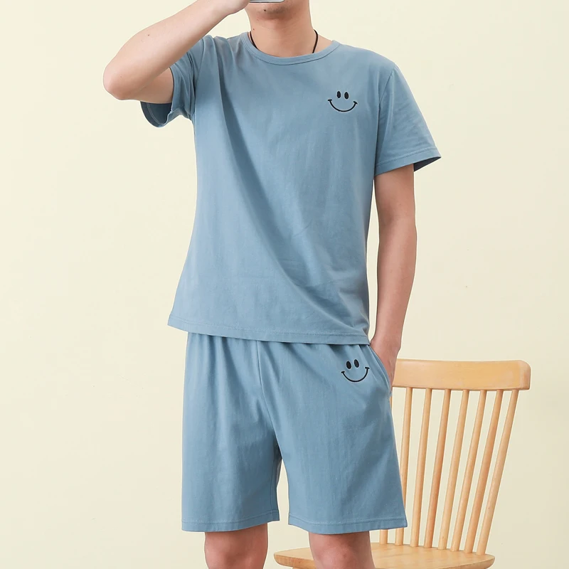 Summer men's pajamas knitted cotton homewear men's smiley vest shorts sportswear Korean casual pajamas can be worn outside