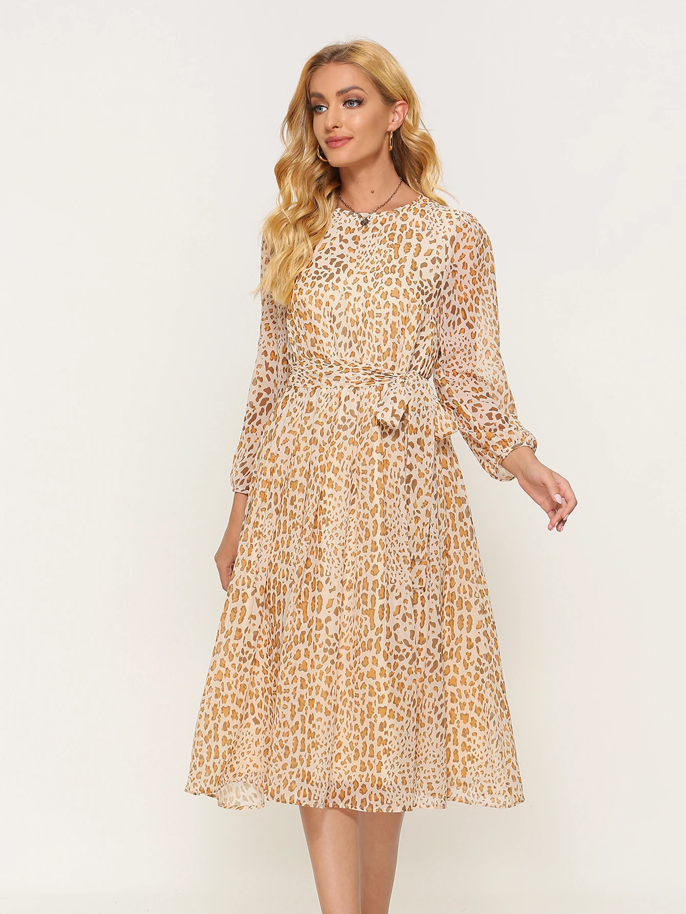 

S.FLAVOR Women Leopard Printing Chiffon Dress Elegant O-neck Beach A-line Summer Dresses Boho Female Midi Vestidos Clothes