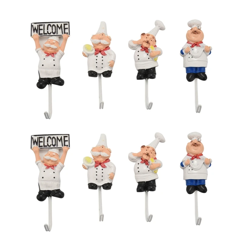 

Hot YO-Pack Of 8 Resin French Chef Figurine Wall Hooks Decorative Cook Wall Mount Rack Hook Hanger(Assorted Style)