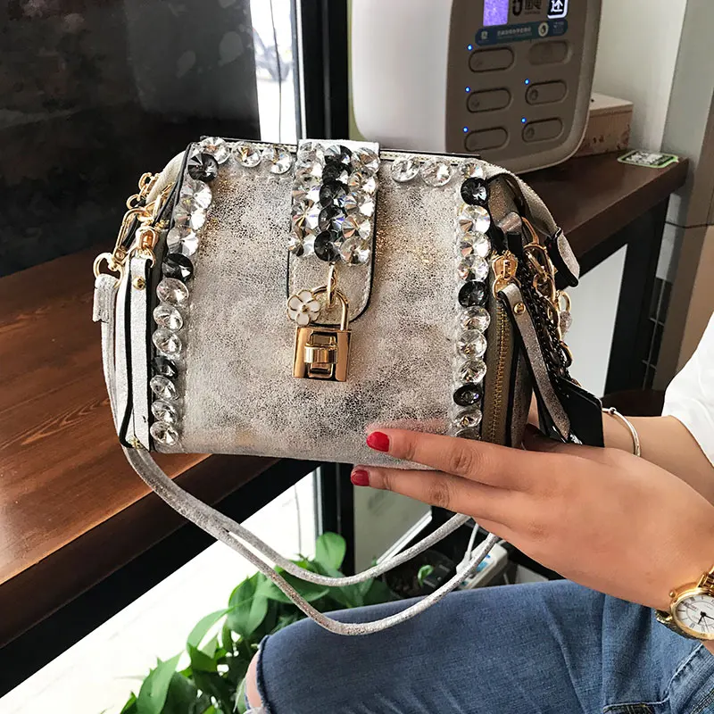 

Real Cowhide Diamond Women's Bag 2022 New Luxury Brand Rhinestone Bag All-match Shoulder Messenger Bag Famous Designer Handbag