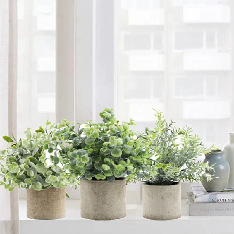 

Hot 3 Pack Mini Artificial Potted Plants Faux Eucalyptus Plants Money Grass Rosemary Greenery In Pots For Home