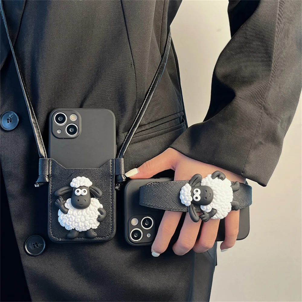 

Black three-dimensional lamb doll card bag wrist strap protective case for Apple 14 iphone13/12/11Oblique span mobile phone case