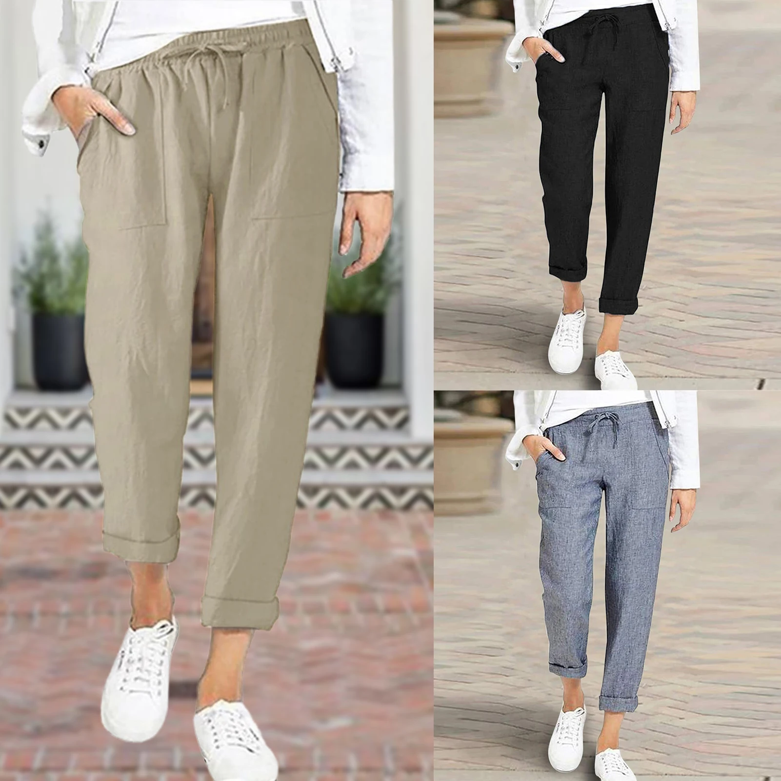 

Ladies High Waist Pants Harajuku Simple Drawstring Long Pants with Pocket Korean Solid Color Lace Up Long Pants