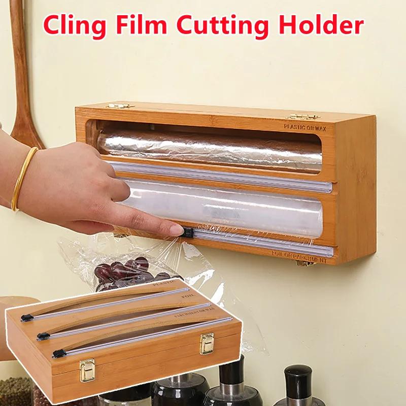 Купить Диспенсер для обертки, резак, органайзер из пластика и фольги, ящик для пищевой липкой пленки, Алюминиевый слайд, бамбуковый многоразовый Гл...