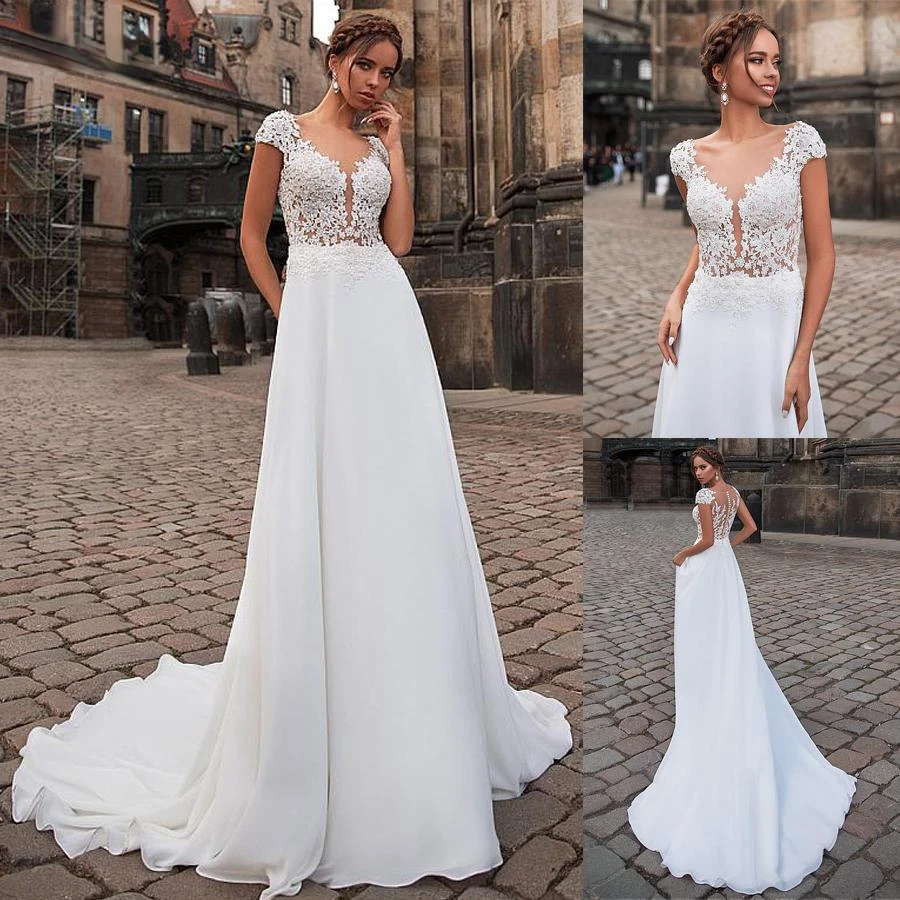 

Neckline See-through Bodice A-line Cheap Sexy Boho Wedding Dress Beadings Illusion Back Long Bridal Dress Vestido De Noiva