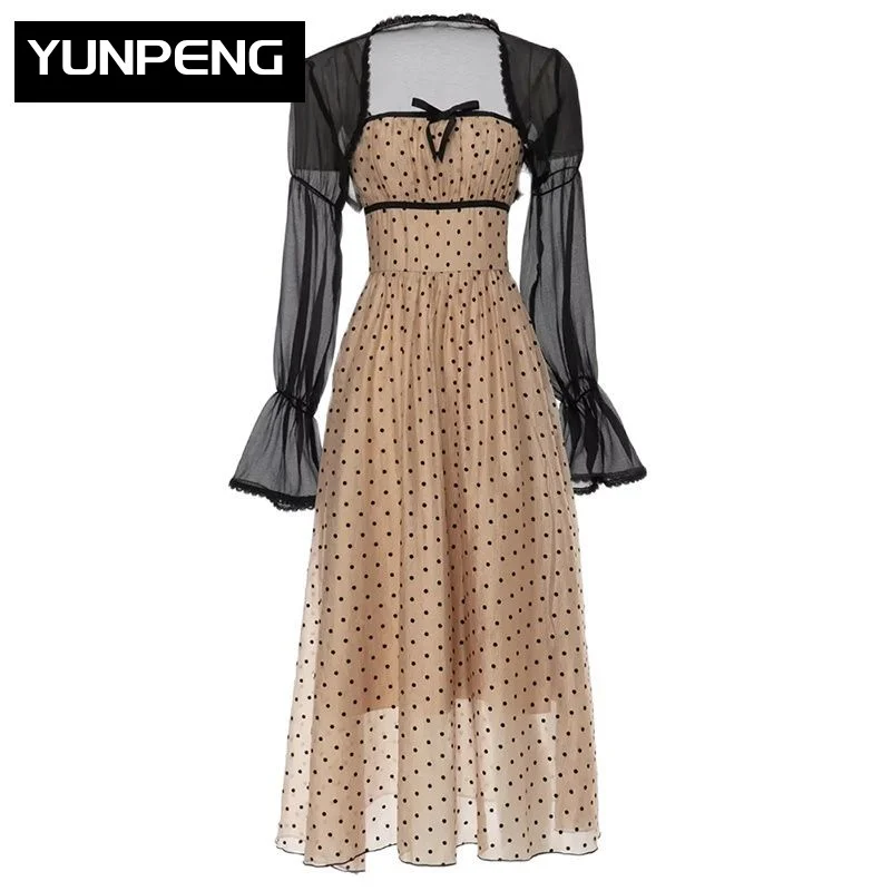 

Женское модельное платье в горошек, элегантное Дизайнерское черное платье высокого качества с расклешенными рукавами и платье на бретелях-спагетти, лето 2023