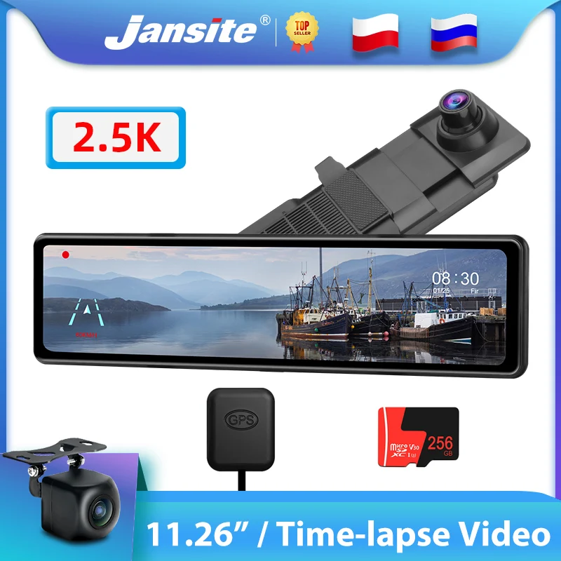 

Jansite 11.26" Car DVR 2.5K Mirror Recorder 1440P Front and 1080P Rear Cam Time-lapse Video GPS Track Playback Dashcam G-sensor