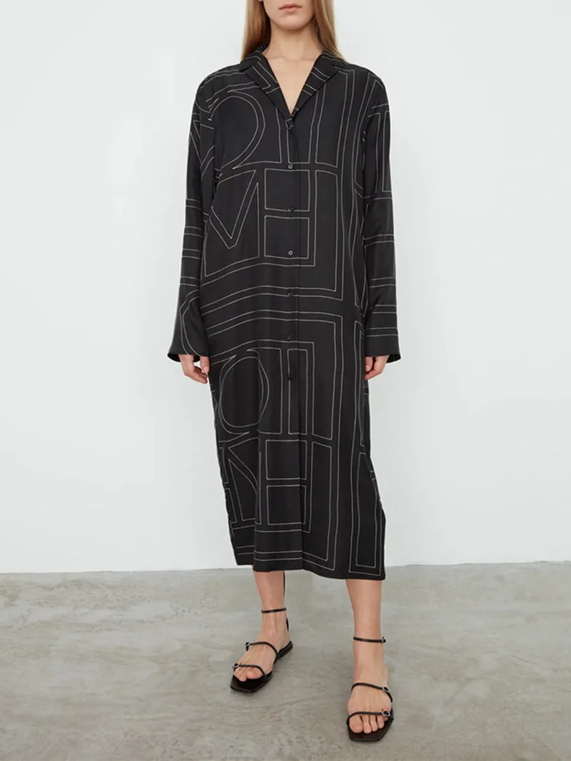 

Women Geometric Printed Turn Down Collar Single Breasted Long Sleeve Temperament Maxi Dress