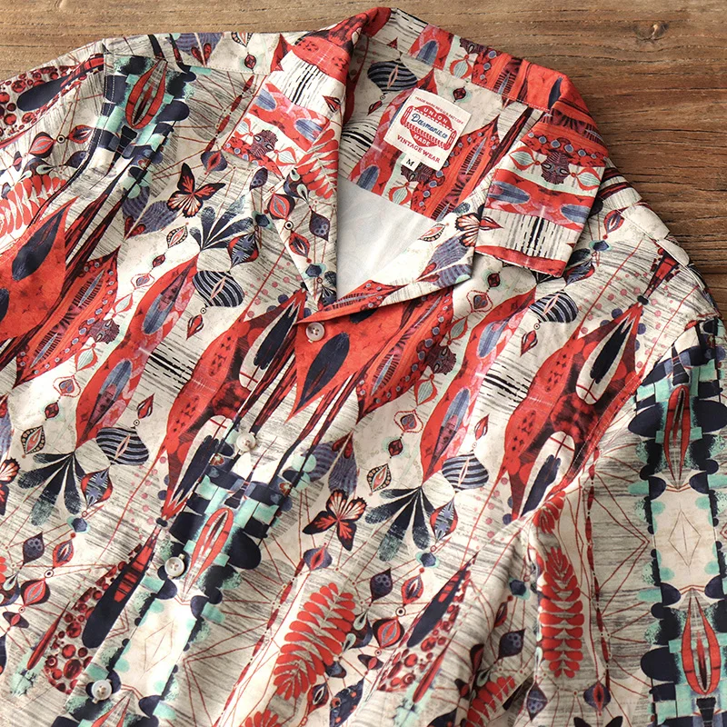 Summer short sleeve men's Japanese vintage vintage Hawaiian beach print loose casual Cuban collar shirt