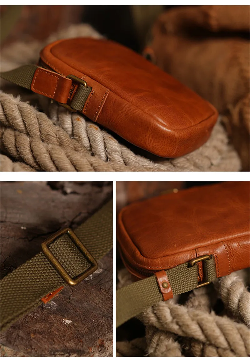 Simple casual natural genuine leather men's mini shoulder bag casual weekend retro cowhide daily light small phone messenger bag