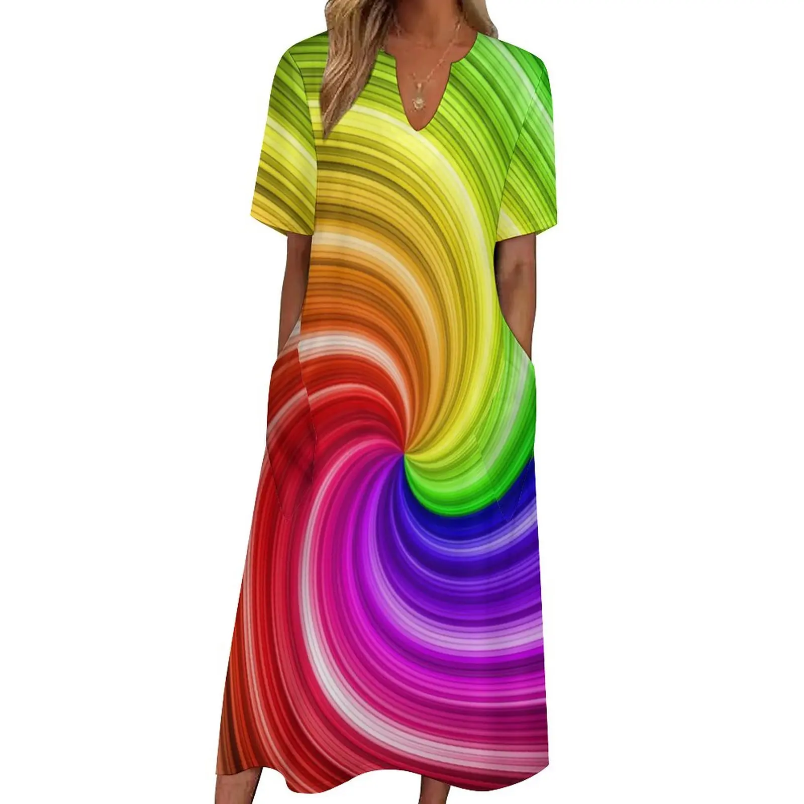 

Rainbow Swirl Art Dress Colorful Tie Dye Kawaii Maxi Dress V Neck Design Boho Beach Long Dresses Street Style Oversized Vestidos