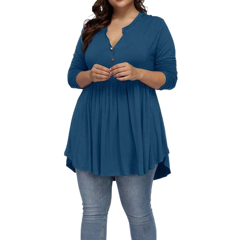 

5XL Plus Size Solid Color Tunic TShirts Fashion V Neck Women Button Pleated Casual Spring Women's Oversized Tee Shirt Top Mujer