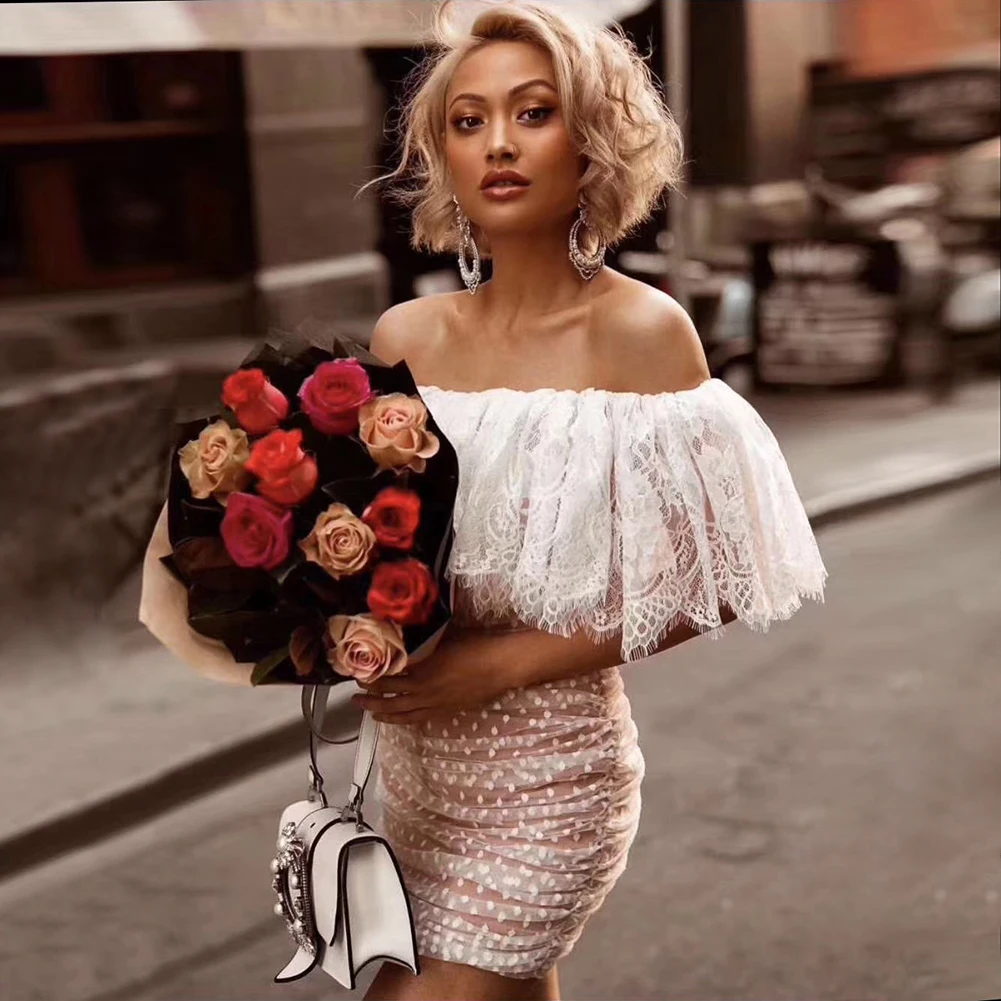 

Women Sexy Dress Strapless Short Sleeve Mesh Lace Ruched Black White Mini Bandage Dress 2021 Summer Designer Party Dress Vestido