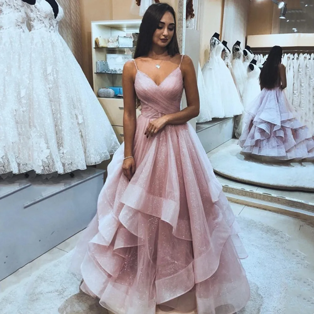 

Sparkle Pink Tulle Prom Dress V Neck A Line Shinning Spaghetti Straps Evening Dress Ruffles Formal Gown Backless Robe De Soiree
