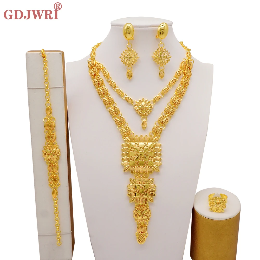 Dubai Gold Color Jewelry Set For Woman Bridal Nigerian African Long Chain Necklace Earrings Bracelet Ring Jewellery Set