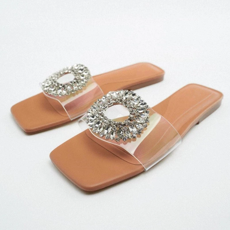 

Rhinestone Slide Women Slippers Causal Shoes Women Sandals Summer Flat Square Toes Ladies Shoes Female Slippers Outside Slip-On