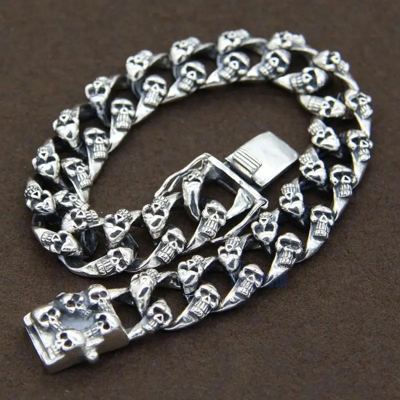 

Starfield 925 Sterling Silver Bracelets Retro Thai Silver Skull Peace Buckle Men's Bracelet Long Paragraph Punk Style