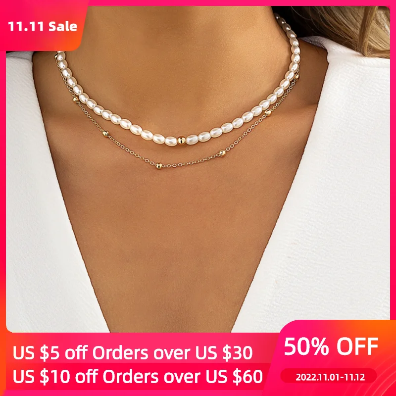 

Ailodo Elegant Pearl Choker Necklace For Women 2 Pcs/Set Gold Color Thin Chain Party Wedding Statement Necklace Fashion Jewelry