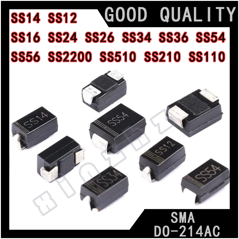 

50PCS SMA DO-214AC SMD Schottky Diode SS14 SS12 SS16 SS24 SS26 SS34 SS36 SS54 SS56 SS2200 SS510 SS210 SS110 Brand New Original