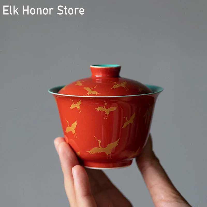 

150ml Palace Red Glaze Crane Art Ceramic Tea Tureen Sancai Covered Bowl Tea Cup Household Tea Maker Chinese Kung Fu Tea Gaiwan