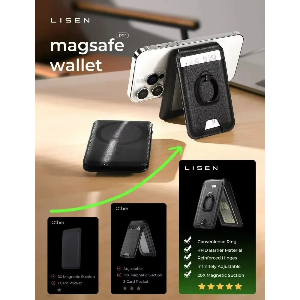 Фото LISEN для кошелька Magsafe RFID [сильный магнитный] с регулируемой подставкой для кошелька Magsafe для IPhone 15/14/13 подходит для кошелька Magsafe 3 №2