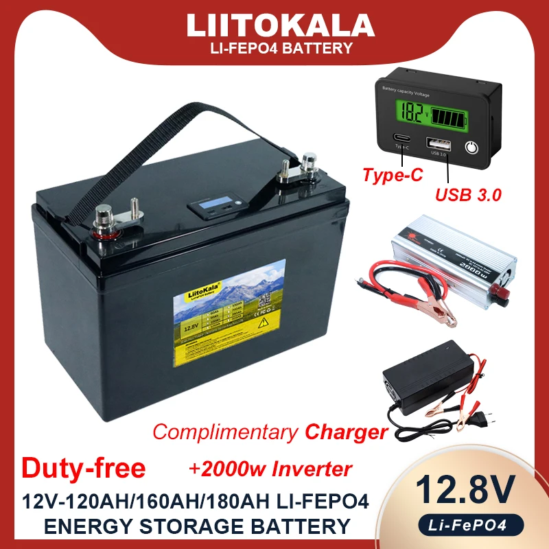 LiitoKala 12 в 2000 Ач/220 Ач LiFePO4 батарея для использования на открытом воздухе Автомобильный многофункциональный USB 3.0 Type-C выход вт в Инверторное зарядное устройство