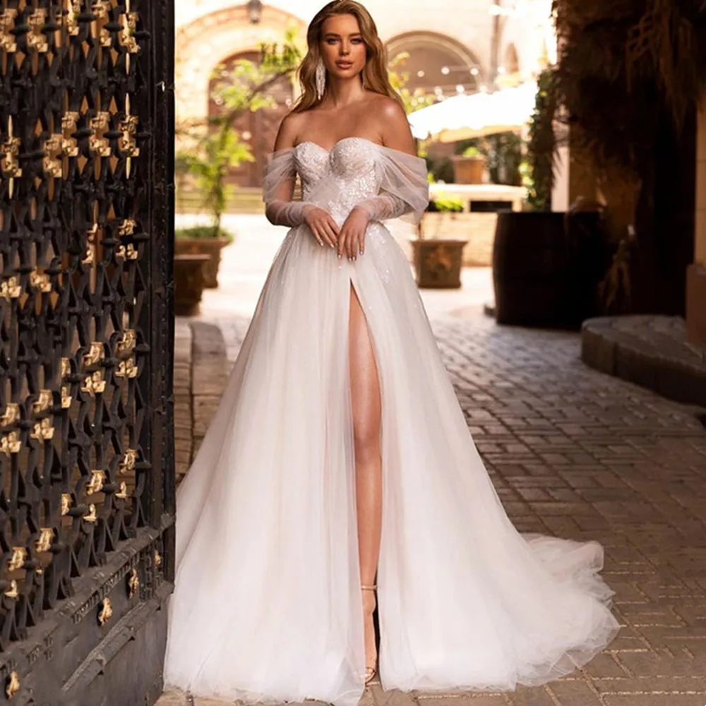 

Elegant Tulle Wedding Dress 2022 Off The Shoulder Lace Appliques Sequins Backless High Slit Vestido De Novia Sweep Train