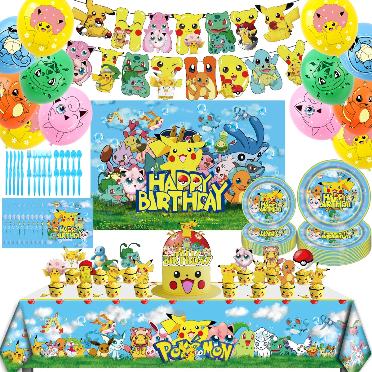 

Pokemon Cartoon Character Pikachu Theme Birthday Party Supplies Banner Balloon Cake Insert Decoration Suit Party Venue Layout