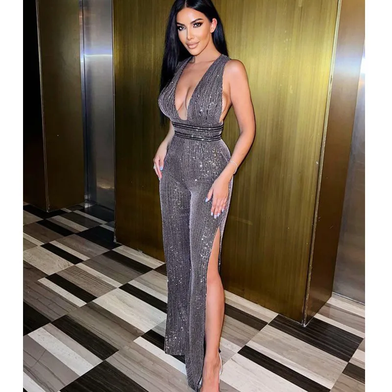 Women Sexy Sleeveless V Low-cut Fashion Sequined Backless Slim Long Style Split Wide Leg Celebrity Party Greg Jumpsuit