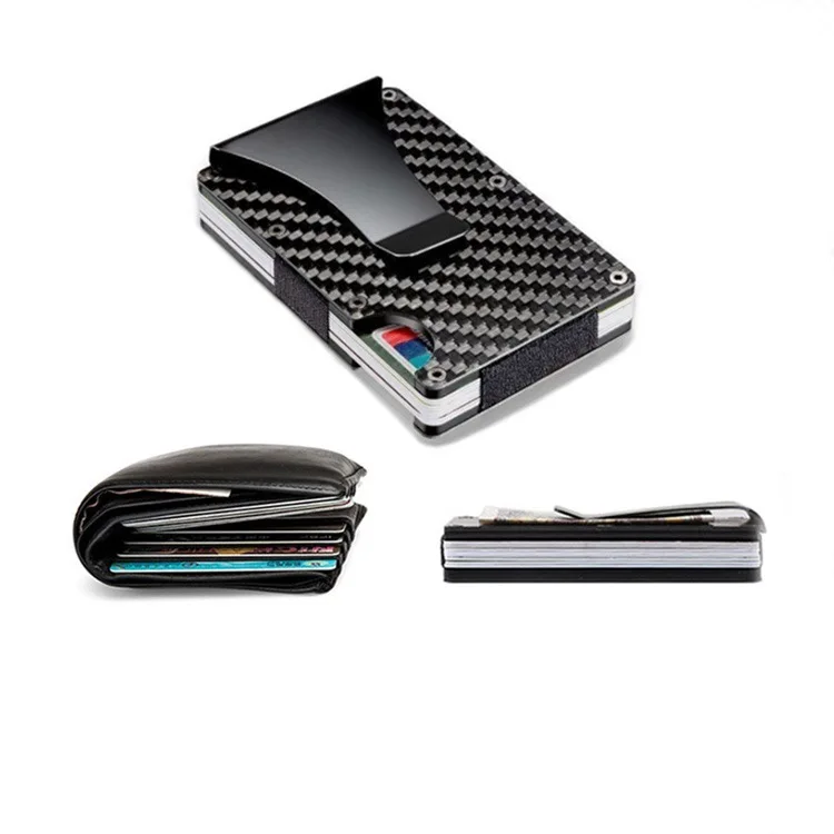 New Fashion Carbon Fiber Card Bag Metal Aluminum Money Clip RFID Anti theft Brush Credit Card Cover Clip