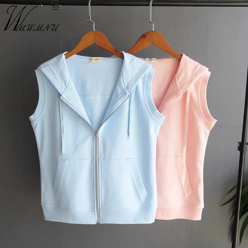 

Solid Color Cotton Cropped Hoody Vest Women 2022 New Zipped Casual Sleeveless Cardigan Basic Gym Soft Sport Waistcoat Female
