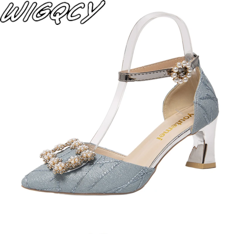 

Pointed Toe Thick Heel Pearl Square Buckle High Heels 2022 New Summer Dress Wedding Shoes Rhinestone Temperament Sexy Pumps PU