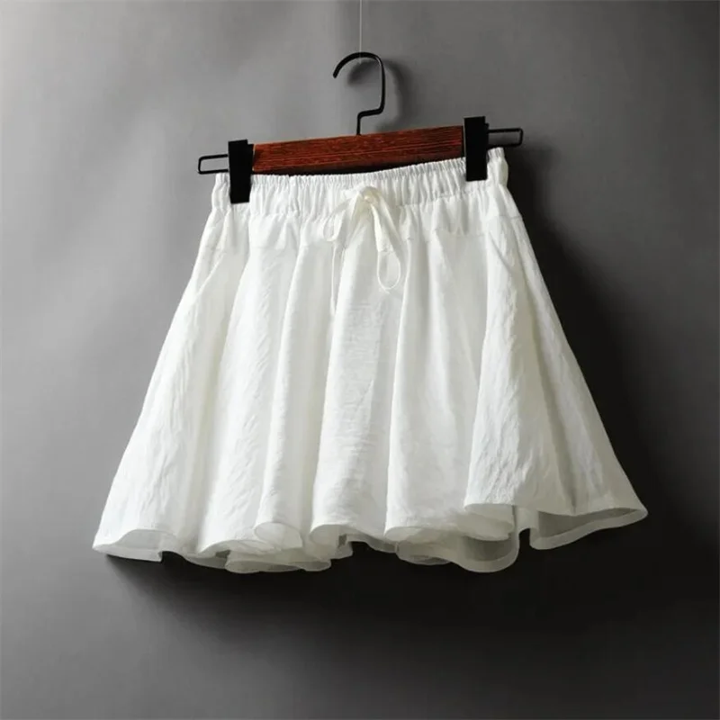 Spring Summer Korean Women Cotton Linen Lace-up mini Skirt Ladies High Waist A-line pleated Skirt With pocket Female