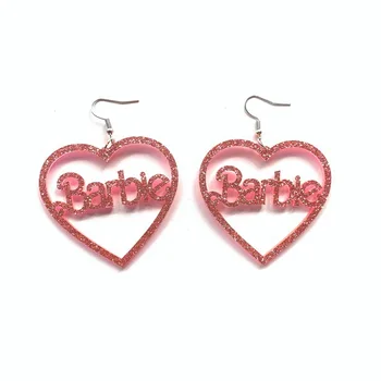 Glitter Pink Acrylic Barbie Heart Earrings 2