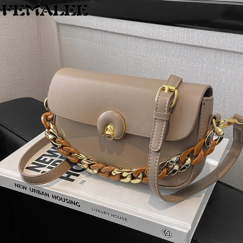 

Commute Simplicity Designer Handbags For Women PU Leather Vintage Acrylic Chains Shoulder Bags Fashion Temperament Messenger Bag