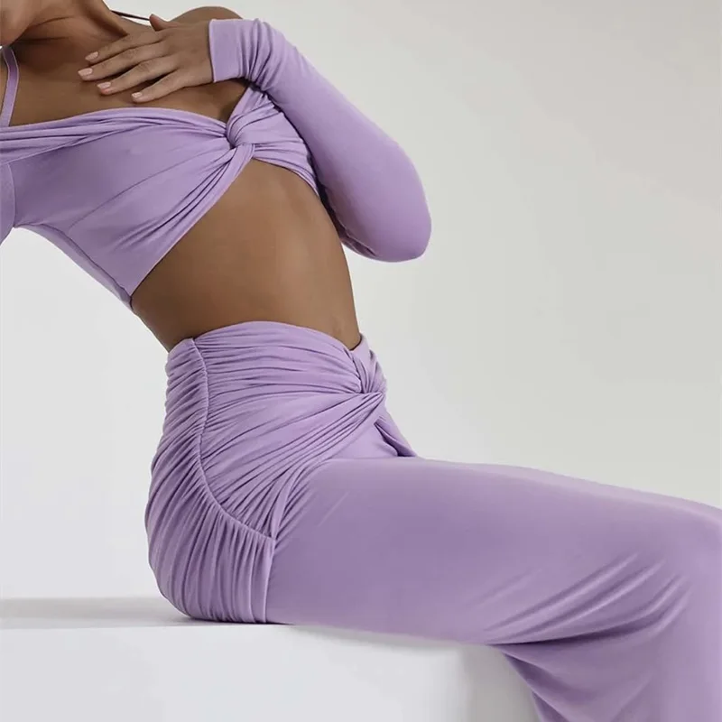

Long Sleeves Two Piece Set Women's V-Neck Off Shoulder Bodcyon Long Dress Sexy Hollow Pleated Nightclub Wrapped Hip Split Dress