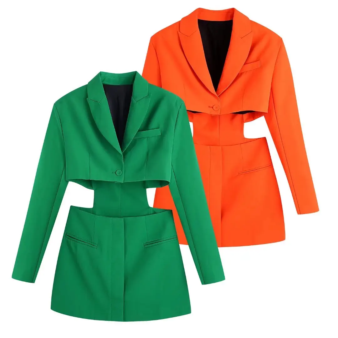 

Spring 2022 Women Solid Hollow Out Dress Style Long Blazer Notched Collar Outerwear Female Long Sleeve Slim Tops BB22288