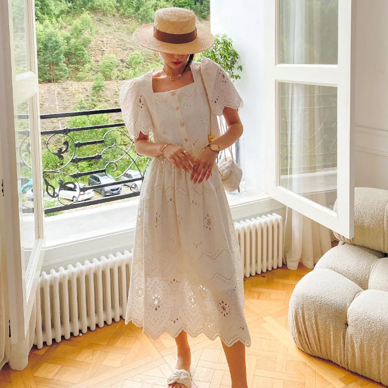 

Женский ажурный костюм с цветочной вышивкой, блузка с рукавами-фонариками и юбка миди, летний Модный повседневный костюм знаменитости