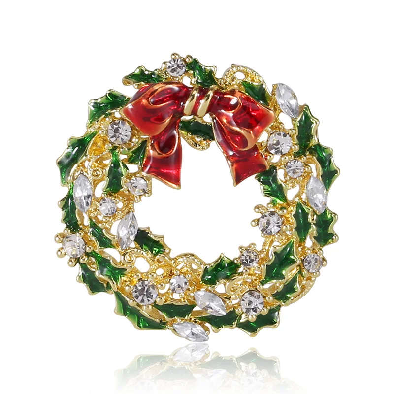 

Christmas brooch high - grade alloy oil - studded diamond bow wreath corsage