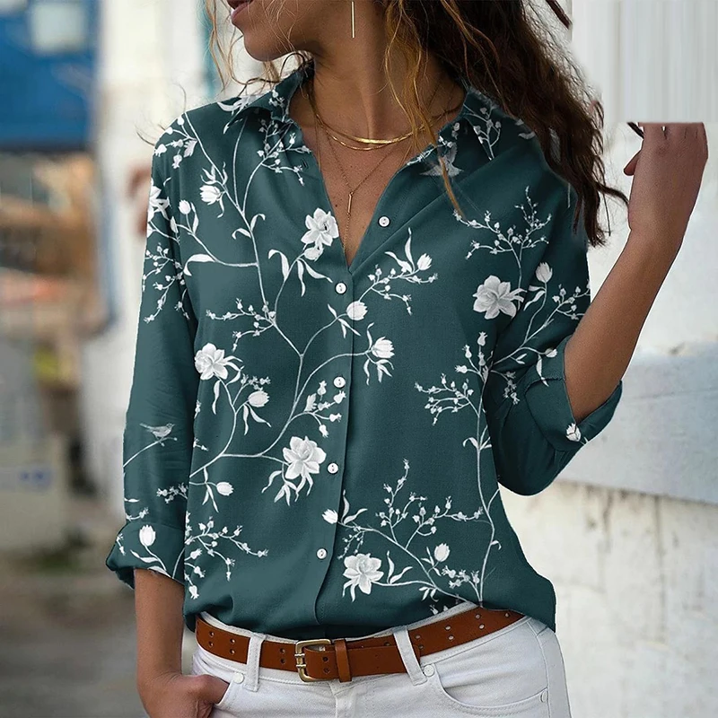 

Women's Shirt Print V-Neck Standing Collar Long Sleeve Causal Loose Slim Temperament Office Shirt Fashion Single Breasted Shirt
