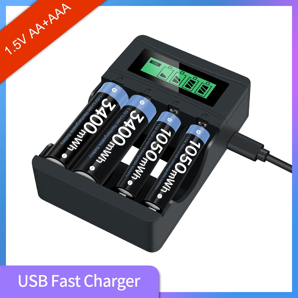 

1.5v AA battery charger, with LCD display smart and LED charger, suitable for 1.5v lithium ion rechargeable battery AAA