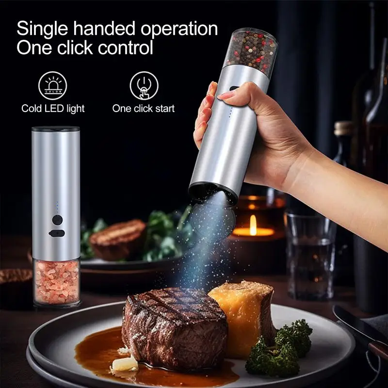 

Electric Salt Pepper Grinder Refillable Spice Grinding Mill With LED Light Adjustable Stainless Steel Pepper Mill Kitchen Tools