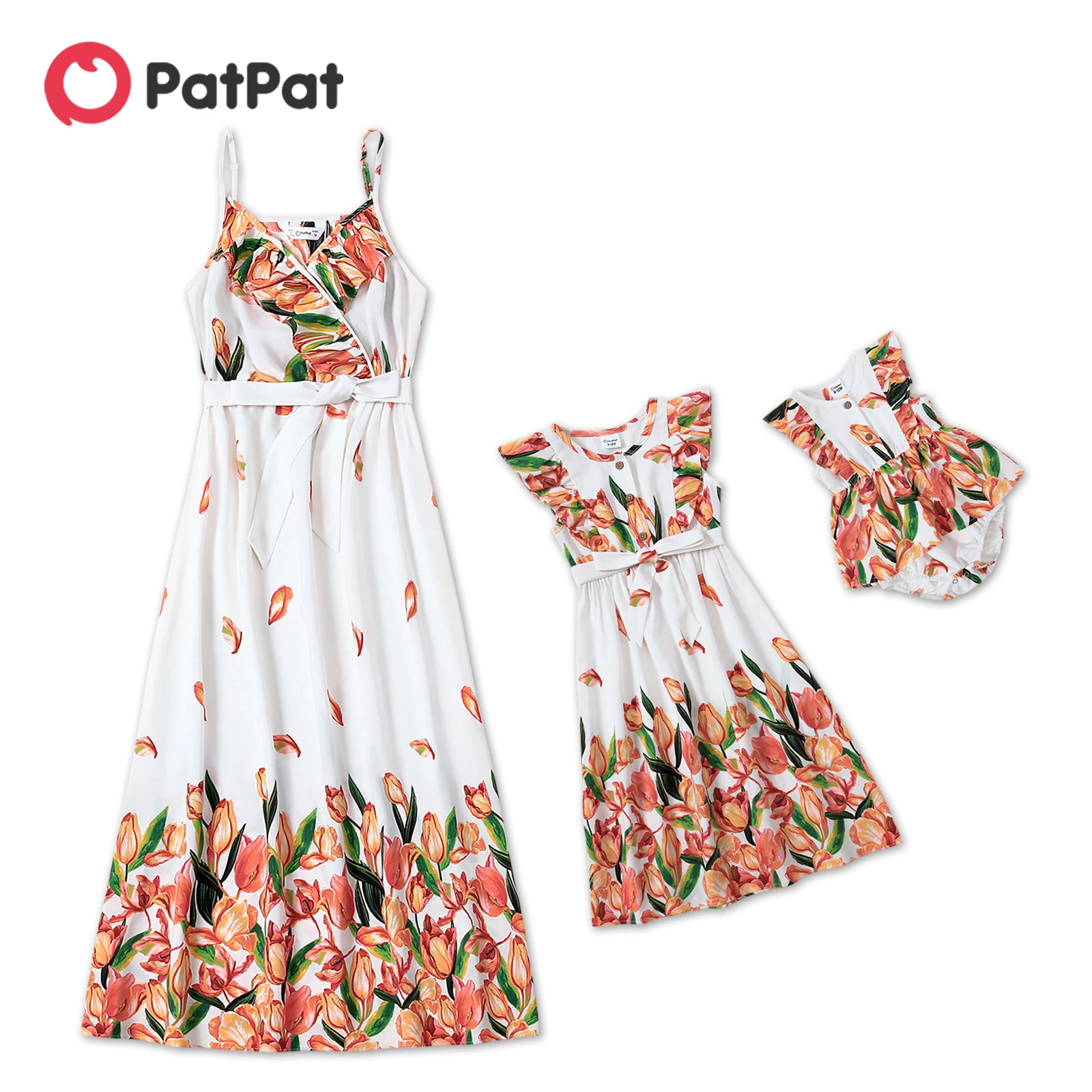 

PatPat All Over Tulip Floral Print Ruffle Cross Wrap V Neck Sleeveless Spaghetti Strap Dress for Mom and Me