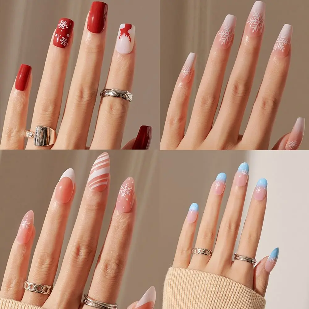 

24pcs Nail Tips Long Short Red Full Cover French Coffin Santa Claus Christmas Snowflake Fake Nails